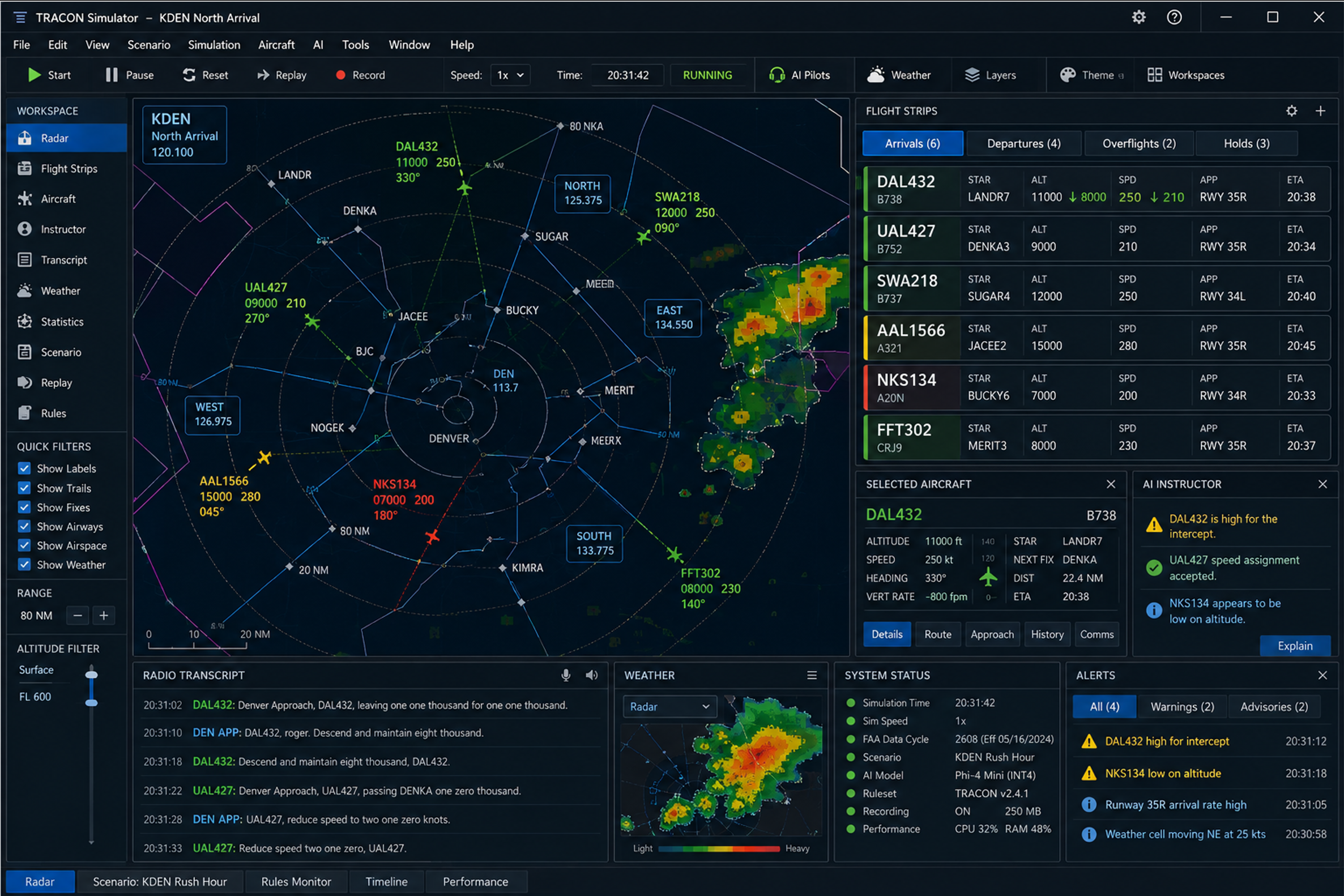 TRACON Simulator controller workstation with radar, flight strips, communications, weather, and operational alerts