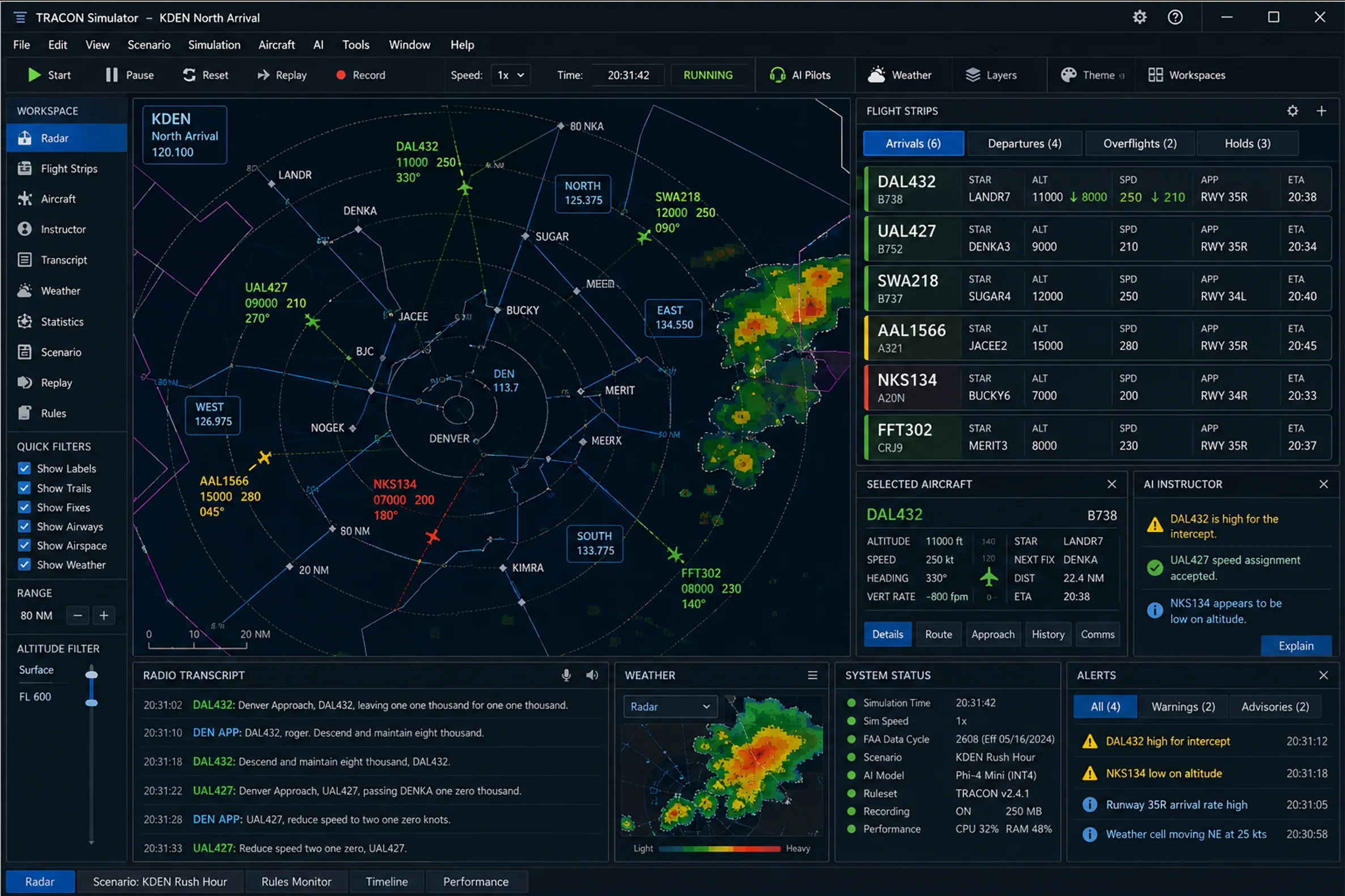 TRACON Simulator controller workstation with radar, flight strips, communications, weather, and operational alerts