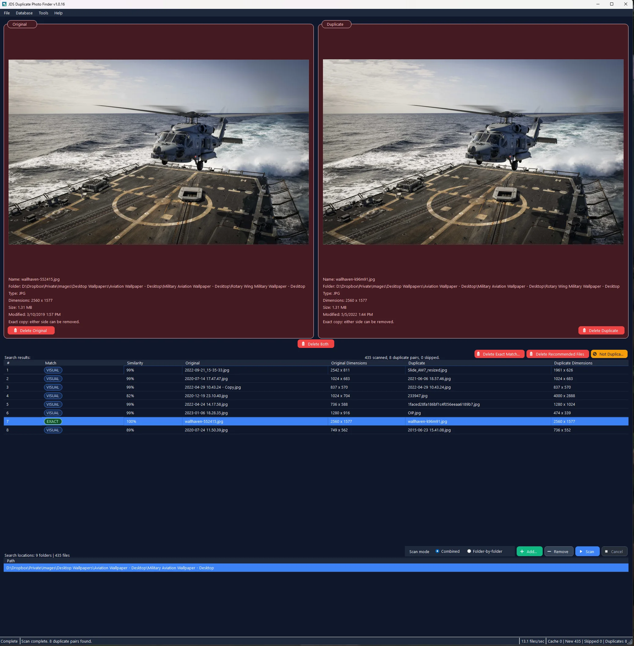 JDS Duplicate Photo Finder displaying an exact duplicate pair with side-by-side previews, file metadata, and a 100 percent match.