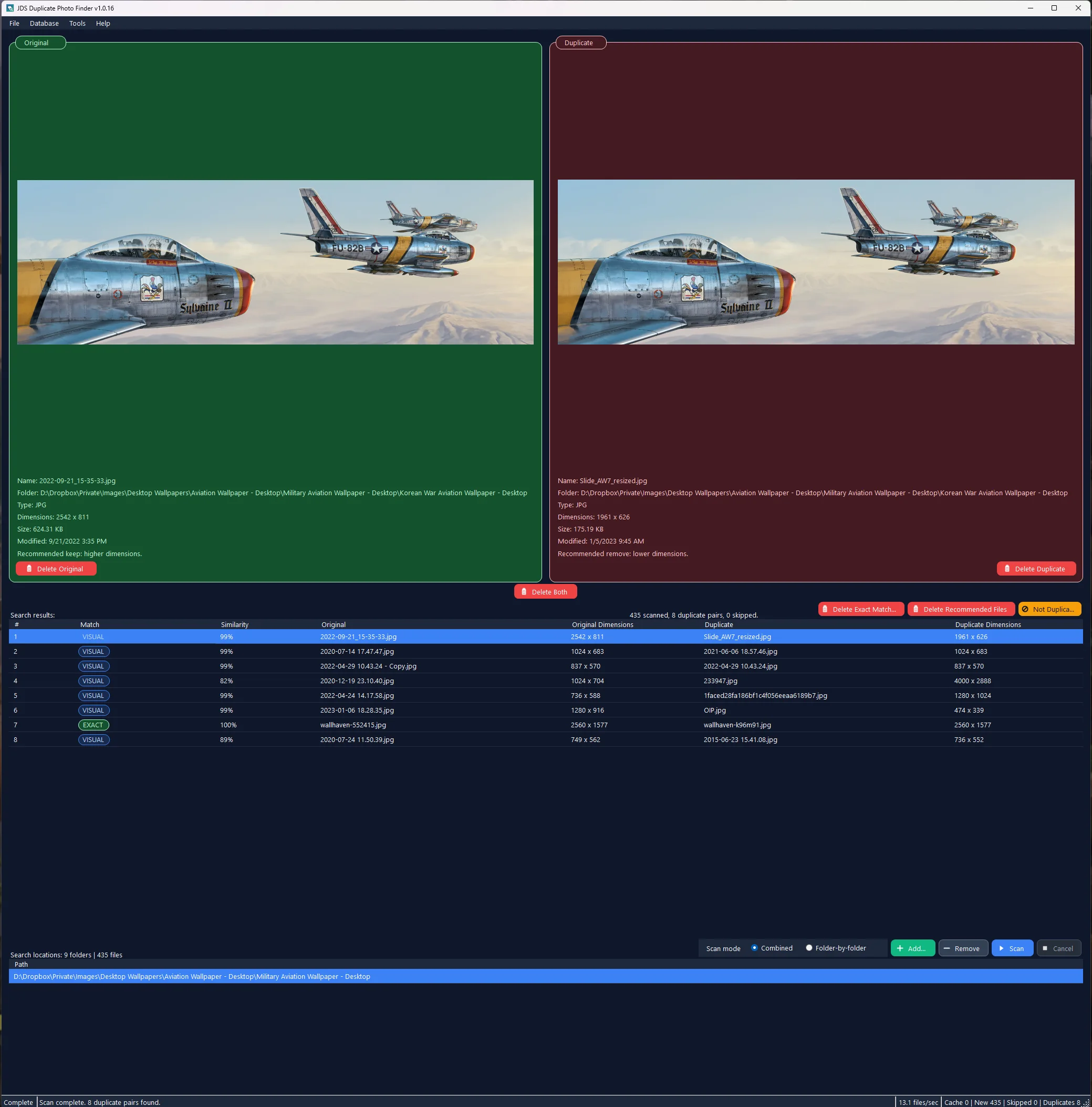 JDS Duplicate Photo Finder comparing a visual duplicate pair side by side