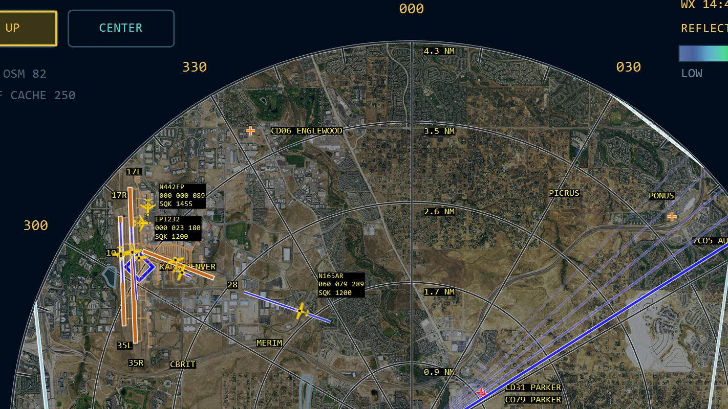 RadarDesk 1.1 scope with satellite imagery, aircraft sprites, and runway detail around Centennial Airport.